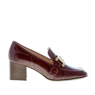 TOD'S donna mocassino Kate in pelle stampa cocco BORDEAUX con catena. Tacco 6 cm