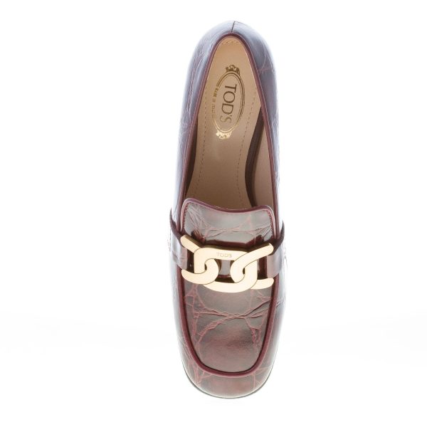 TOD'S donna mocassino Kate in pelle stampa cocco BORDEAUX con catena. Tacco 6 cm - immagine 7