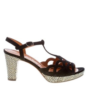 CHIE MIHARA donna sandalo T-Strap Emal in camoscio NERO con fascia laser-cut. Tacco 9 cm