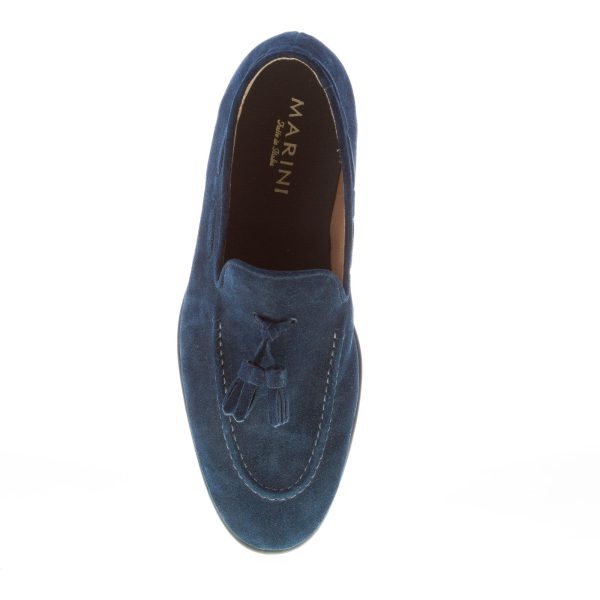 MARINI uomo mocassino in camoscio BLU con nappine. Suola cuoio - immagine 7