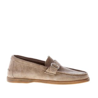 MIGLIORE uomo mocassino in camoscio TORTORA con fibbia. Suola gomma flessibile