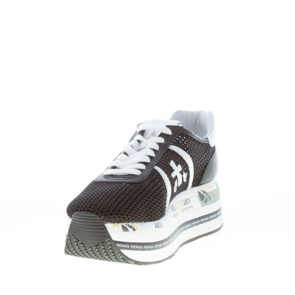PREMIATA donna sneaker Beth 5223 in pelle e tessuto intrecciato NERO più bianco con maxi platform - immagine 6