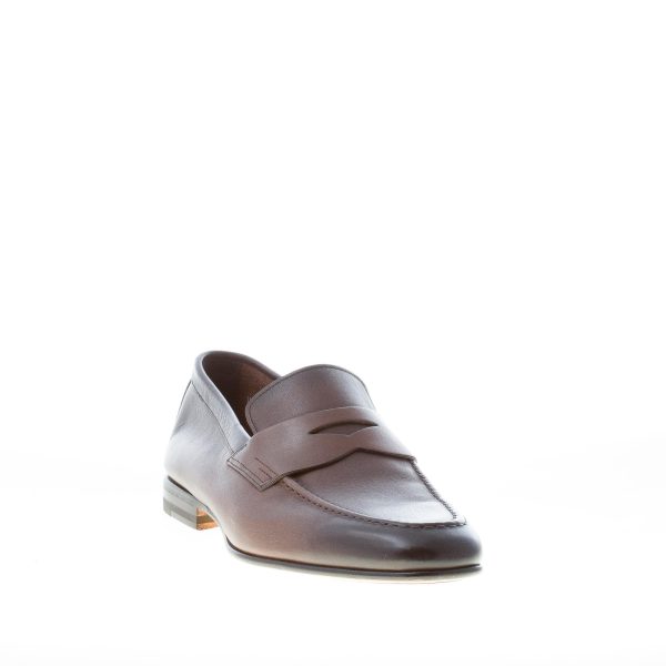 SANTONI uomo mocassino classico in pelle sfumata TESTA DI MORO con mascherina. Suola cuoio - immagine 2