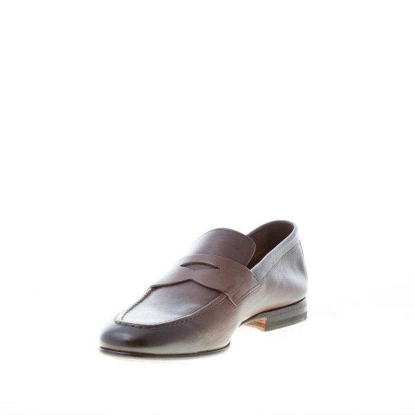 SANTONI uomo mocassino classico in pelle sfumata TESTA DI MORO con mascherina. Suola cuoio - immagine 6