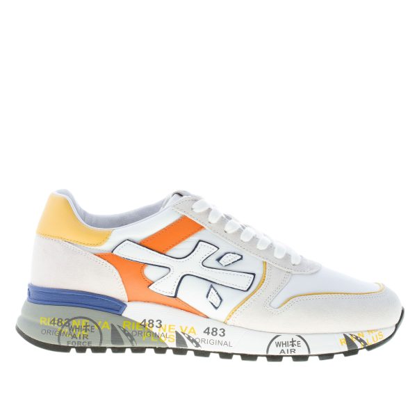 PREMIATA uomo sneaker Mick 5696 in tessuto tecnico e camoscio BIANCO più arancione e giallo