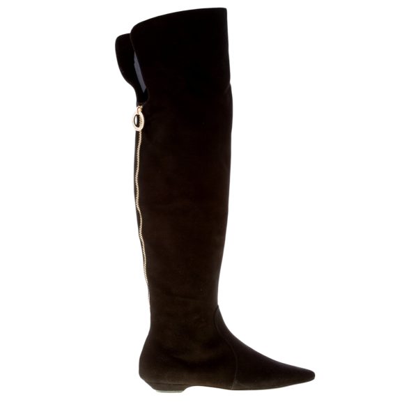 ROBERTO FESTA donna stivale sopra il ginocchio Salt in camoscio NERO con zip oro. Tacco piatto