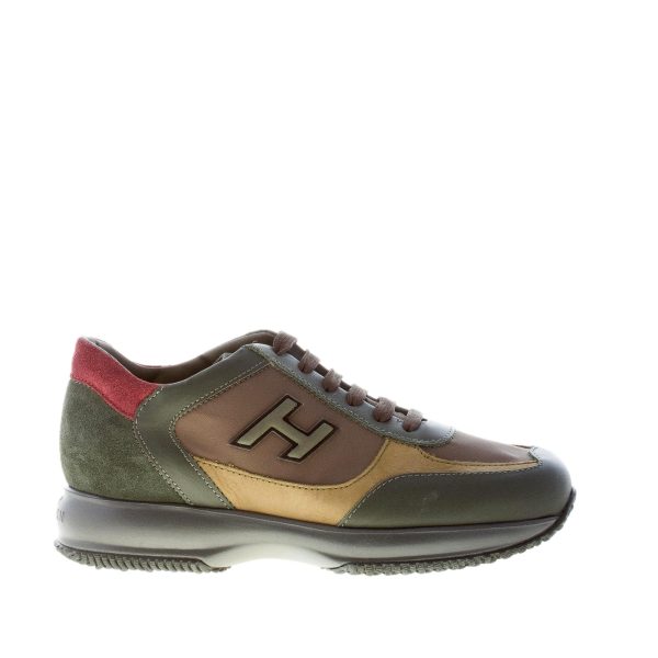 HOGAN uomo Interactive sneaker in camoscio, pelle e tessuto VERDE e SENAPE più bordeaux