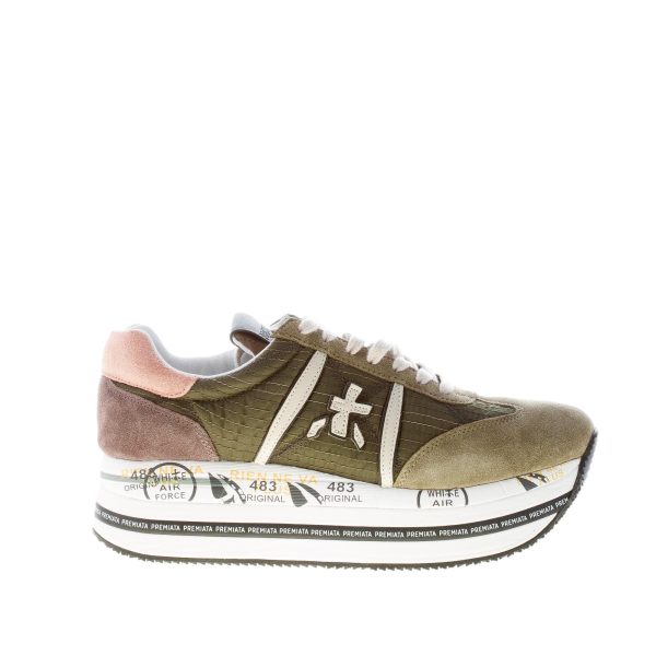 PREMIATA donna sneaker Beth 5353 in camoscio e tessuto cucito VERDE MILITARE con maxi platform
