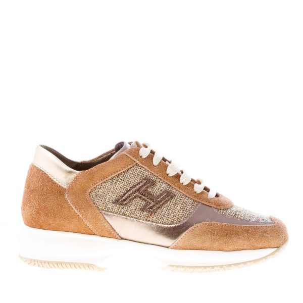 HOGAN donna Interactive sneaker in camoscio MARRONE più oro e tweed shiny