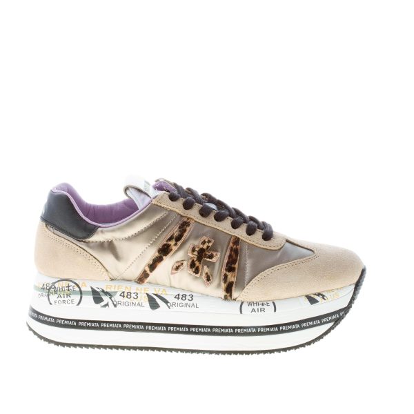 PREMIATA donna sneaker Beth 6018 in camoscio e tessuto cucito BEIGE oro con animalier