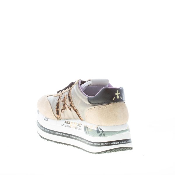 PREMIATA donna sneaker Beth 6018 in camoscio e tessuto cucito BEIGE oro con animalier - immagine 4