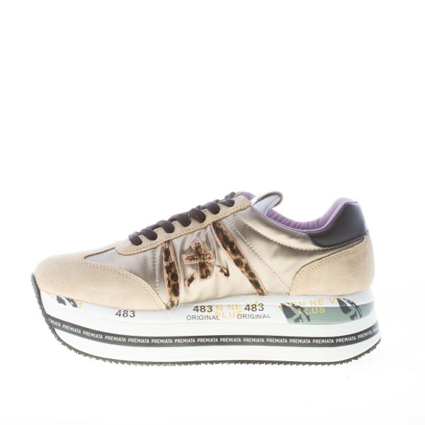 PREMIATA donna sneaker Beth 6018 in camoscio e tessuto cucito BEIGE oro con animalier - immagine 5