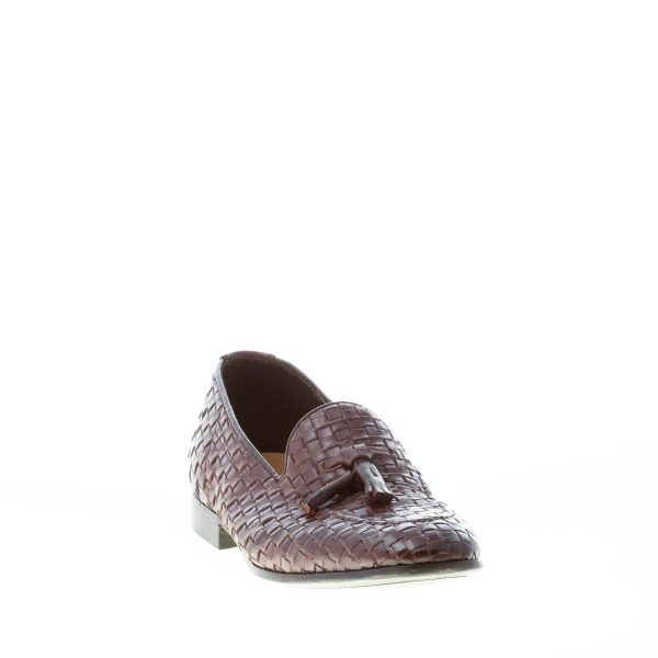 GREEN GEORGE uomo mocassino in pelle intrecciata TESTA DI MORO con nappine. Suola in cuoio - immagine 2
