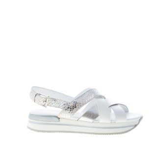 HOGAN donna H257 sandalo a fasce incrociate in pelle BIANCO più argento. Zeppa di 3,5 cm