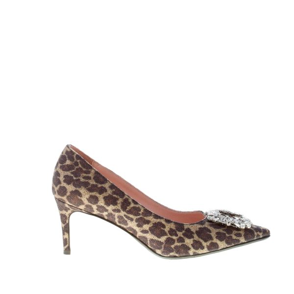 IDEE DE POINTE donna decolletè in tessuto glitterato ANIMALIER con gioiello. Tacco 6 cm