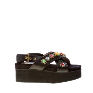 MARIA CRISTINA donna sandalo zeppa in pelle NERO con pietre. Zeppa 5 cm