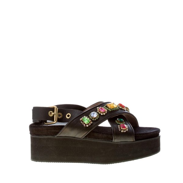 MARIA CRISTINA donna sandalo zeppa in pelle NERO con pietre. Zeppa 5 cm