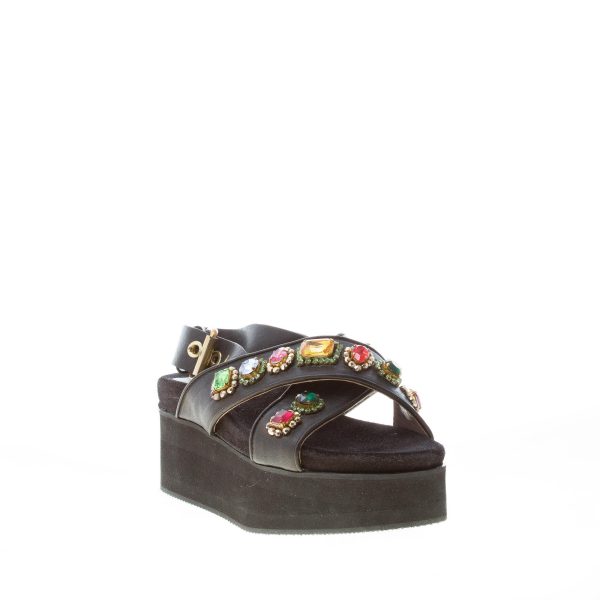 MARIA CRISTINA donna sandalo zeppa in pelle NERO con pietre. Zeppa 5 cm - immagine 2