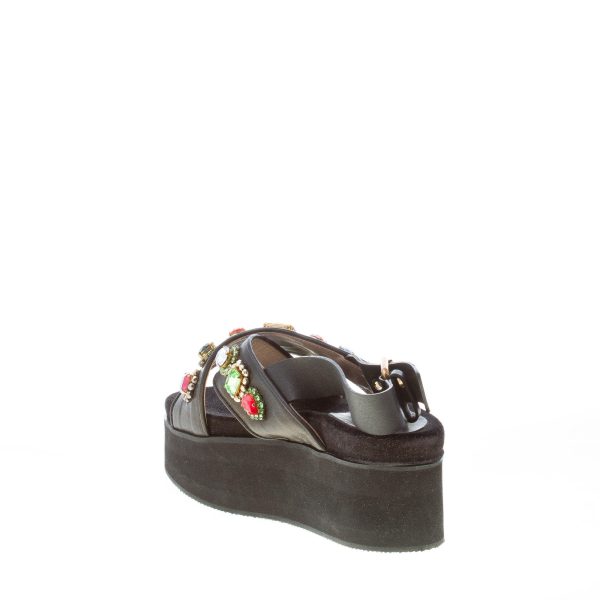 MARIA CRISTINA donna sandalo zeppa in pelle NERO con pietre. Zeppa 5 cm - immagine 4