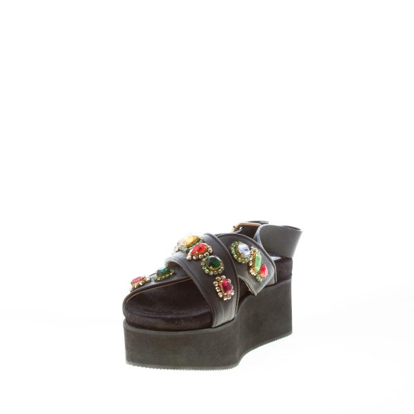 MARIA CRISTINA donna sandalo zeppa in pelle NERO con pietre. Zeppa 5 cm - immagine 6