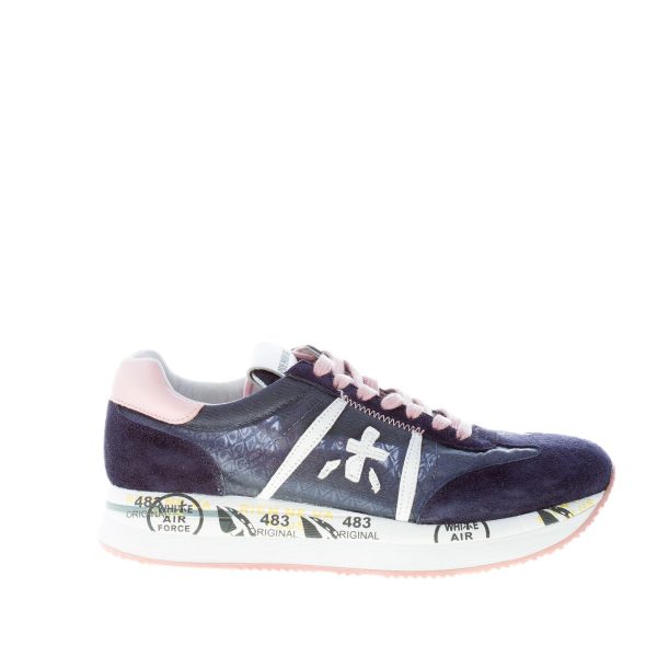 PREMIATA donna sneaker Conny 5613 in camoscio e tessuto trasparente BLU e rosa