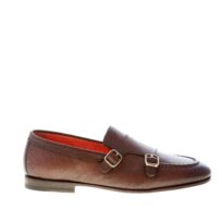 SANTONI uomo scarpa con doppia fibbia in pelle anticata TESTA DI MORO. Suola cuoio