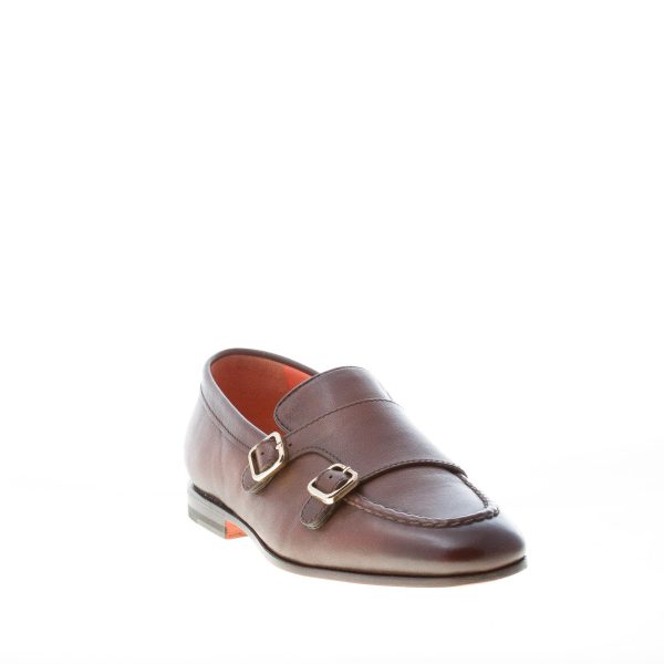 SANTONI uomo scarpa con doppia fibbia in pelle anticata TESTA DI MORO. Suola cuoio - immagine 2