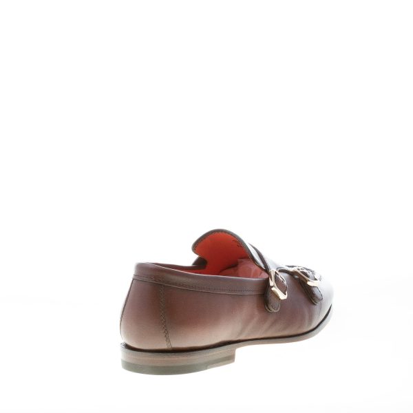 SANTONI uomo scarpa con doppia fibbia in pelle anticata TESTA DI MORO. Suola cuoio - immagine 3