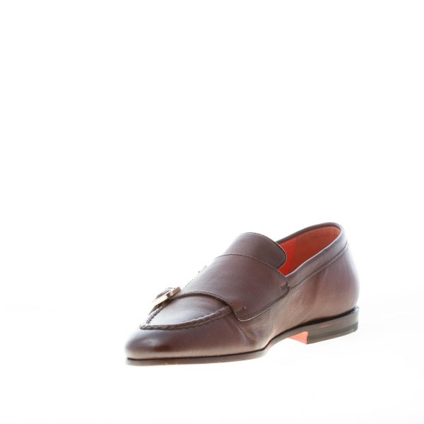 SANTONI uomo scarpa con doppia fibbia in pelle anticata TESTA DI MORO. Suola cuoio - immagine 5