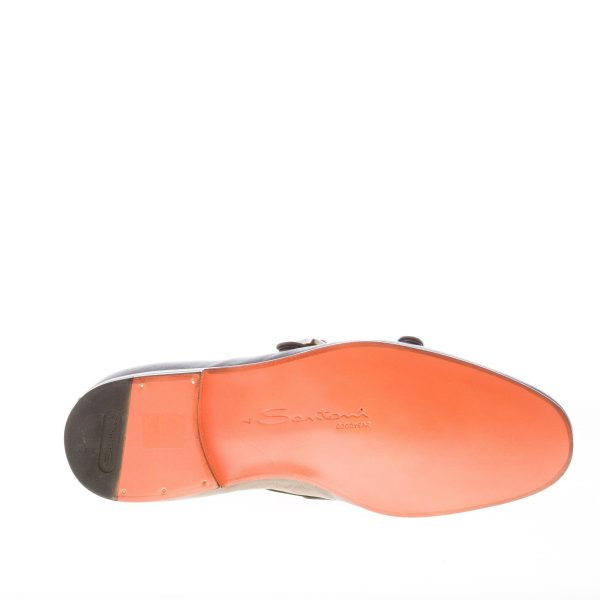 SANTONI uomo scarpa con doppia fibbia in pelle anticata TESTA DI MORO. Suola cuoio - immagine 7
