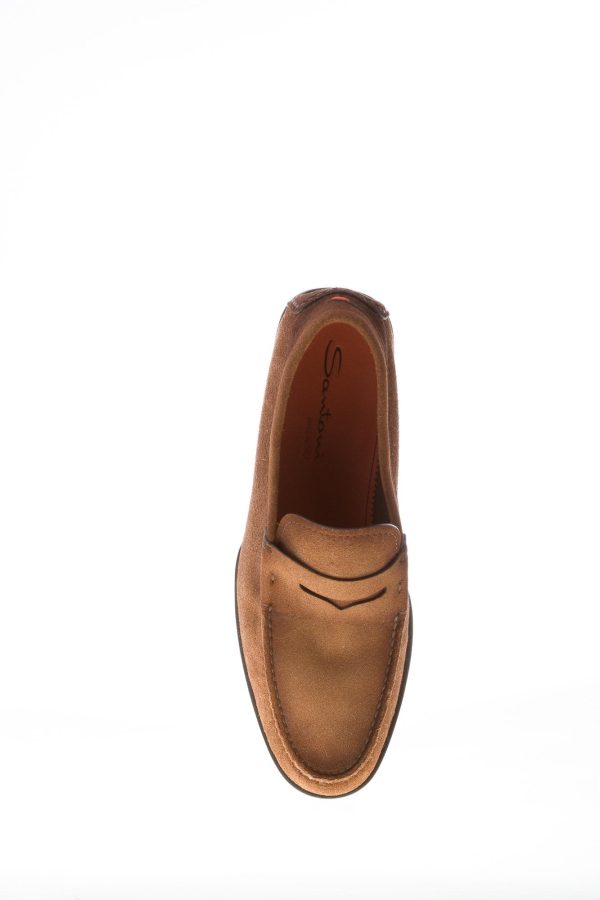 SANTONI uomo mocassino in camoscio delavè TABACCO con mascherina. Suola cuoio flessibile - immagine 7