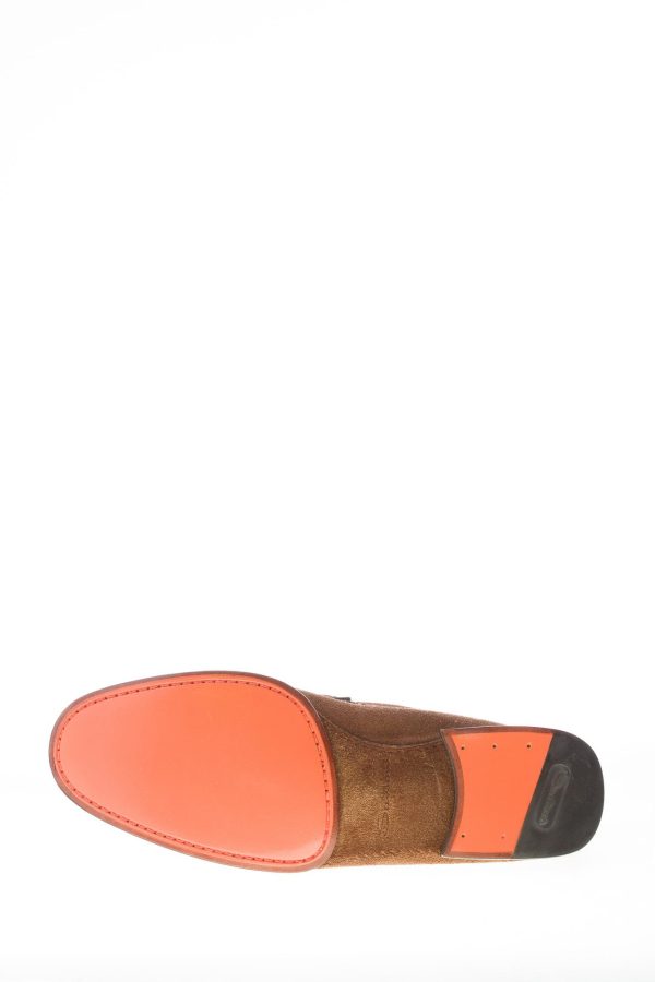 SANTONI uomo mocassino in camoscio delavè TABACCO con mascherina. Suola cuoio flessibile - immagine 8