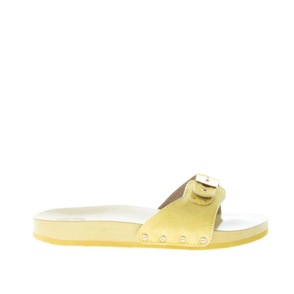 SCHOLL donna zoccolo Pescura Natalie in camoscio GIALLO con suola legno 2 cm
