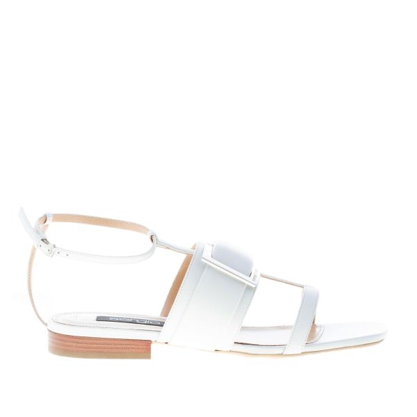SERGIO ROSSI donna sandalo piatto SR Prince in pelle BIANCO con maxi fibbia argento