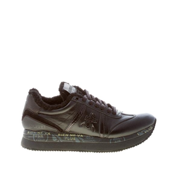 PREMIATA donna sneaker Conny 6100 in pelle e vernice NERO con pelliccia