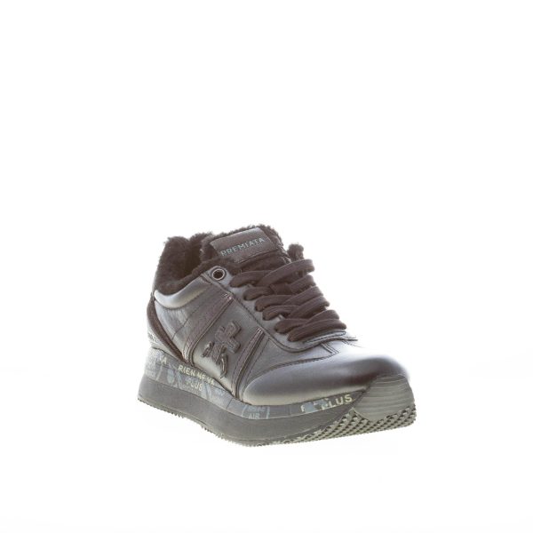 PREMIATA donna sneaker Conny 6100 in pelle e vernice NERO con pelliccia - immagine 2