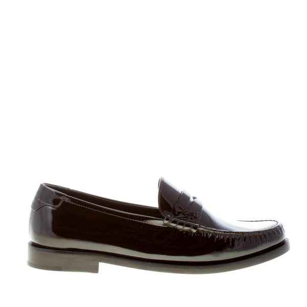 SAINT LAURENT donna mocassino penny in pelle verniciata NERO con monogramma YSL. Suola cuoio