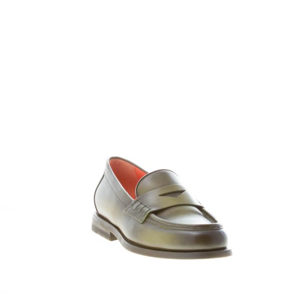 SANTONI donna mocassino penny in pelle anticata VERDE con mascherina. Tacco 2 cm - immagine 2