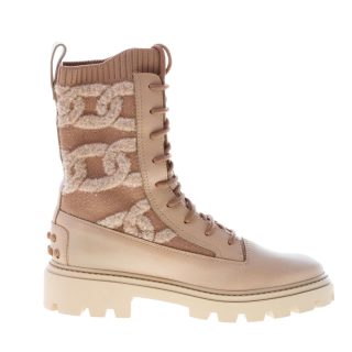 TOD'S donna anfibio stringato Kate in pelle e maglia BEIGE SCURO con motivo a catena