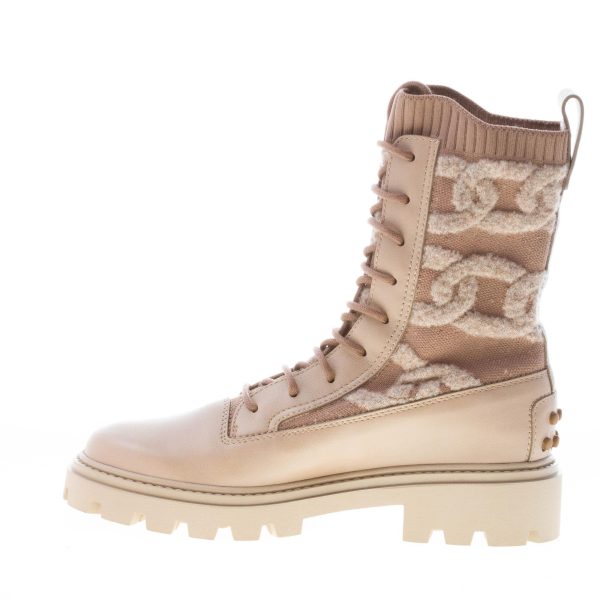 TOD'S donna anfibio stringato Kate in pelle e maglia BEIGE SCURO con motivo a catena - immagine 5