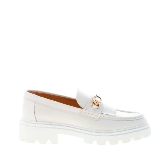 TOD'S donna mocassino Timeless  in pelle BIANCO con frangia e T-Chain oro. Suola carrarmato