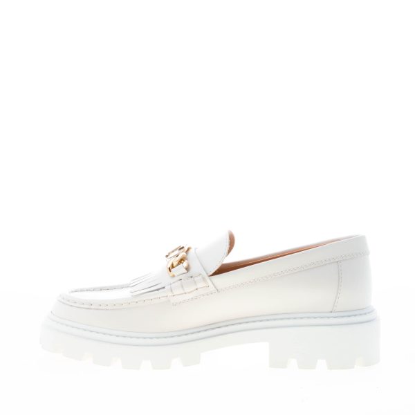 TOD'S donna mocassino Timeless  in pelle BIANCO con frangia e T-Chain oro. Suola carrarmato - immagine 5