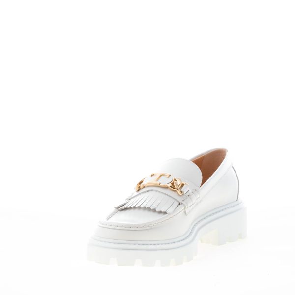 TOD'S donna mocassino Timeless  in pelle BIANCO con frangia e T-Chain oro. Suola carrarmato - immagine 6