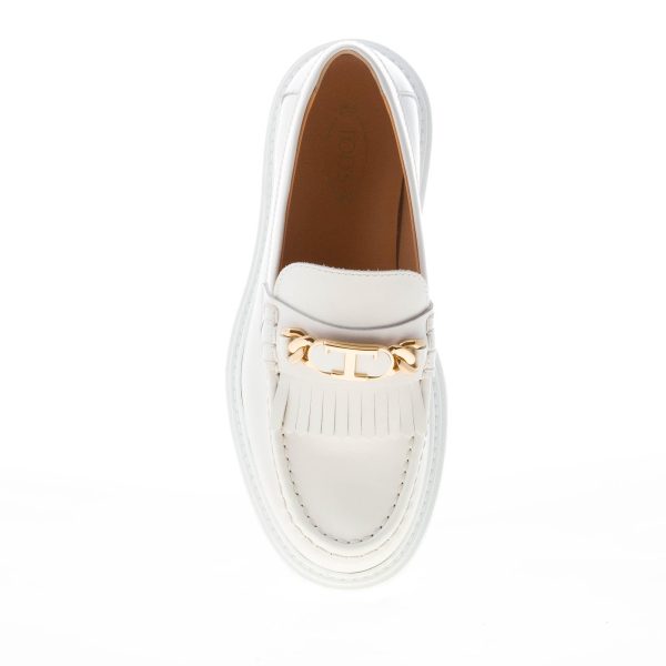 TOD'S donna mocassino Timeless  in pelle BIANCO con frangia e T-Chain oro. Suola carrarmato - immagine 7