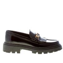 TOD'S donna mocassino in pelle semilucida NERO con frangia e T-Chain oro. Suola carrarmato