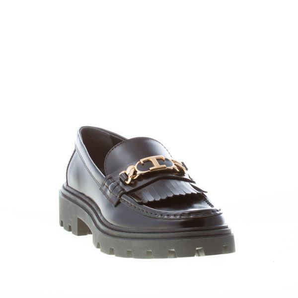 TOD'S donna mocassino in pelle semilucida NERO con frangia e T-Chain oro. Suola carrarmato - immagine 2