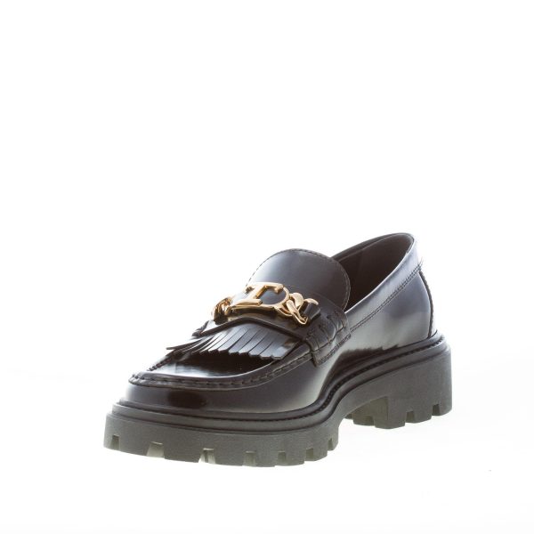 TOD'S donna mocassino in pelle semilucida NERO con frangia e T-Chain oro. Suola carrarmato - immagine 6