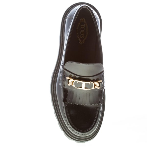 TOD'S donna mocassino in pelle semilucida NERO con frangia e T-Chain oro. Suola carrarmato - immagine 7