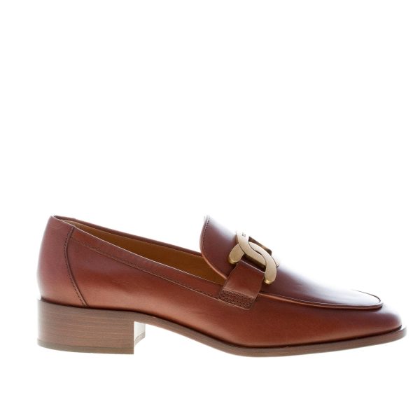 TOD'S donna mocassino in pelle a finitura vintage MARRONE con catena oro. Suola cuoio. Tacco 3,5