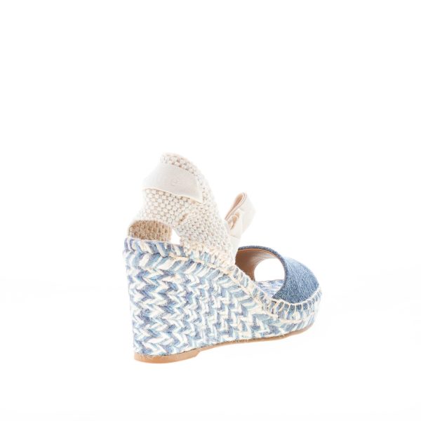 CHLOE' donna sandalo zeppa Piia in tessuto denim Blu e rafia con laccetto alla caviglia ecru. Zeppa 8 cm - immagine 5